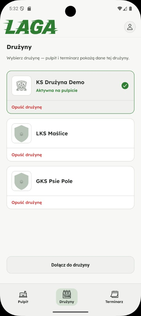 Lista drużyn zawodnika w aplikacji Laga