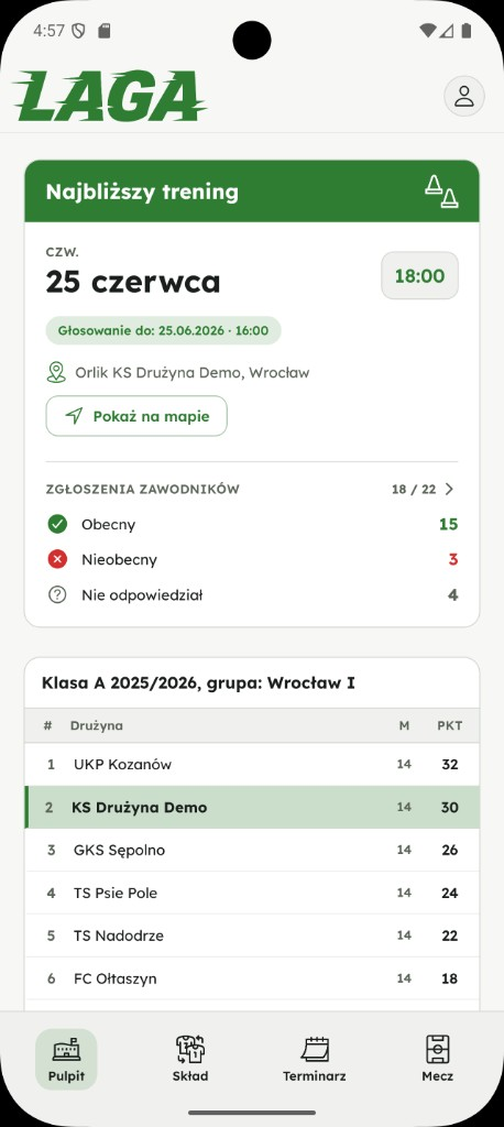 Pulpit trenera w aplikacji Laga — najbliższy trening i tabela ligowa