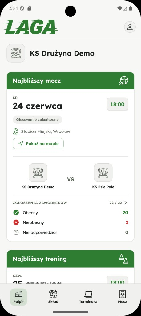Pulpit trenera w aplikacji Laga — najbliższy mecz i zgłoszenia zawodników