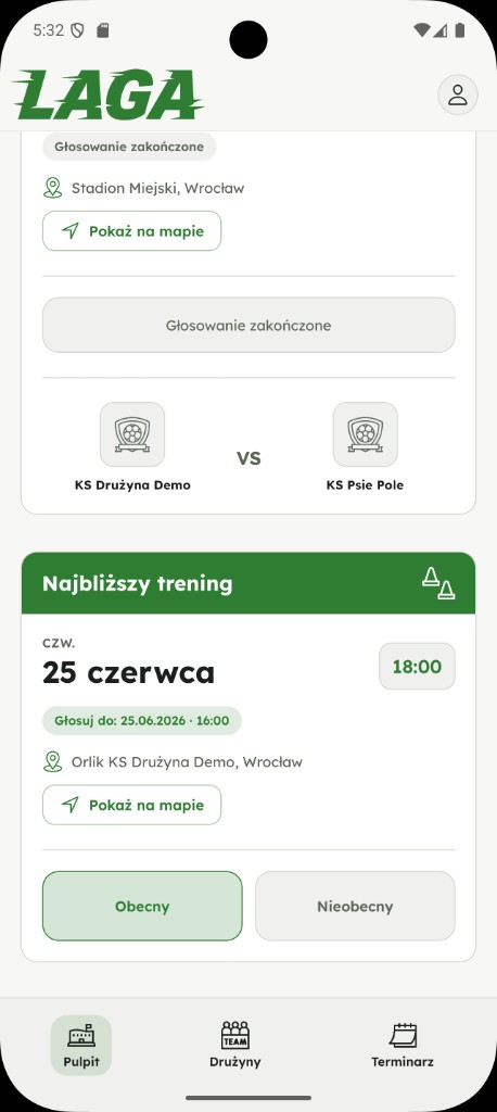 Głosowanie obecności na trening w aplikacji Laga