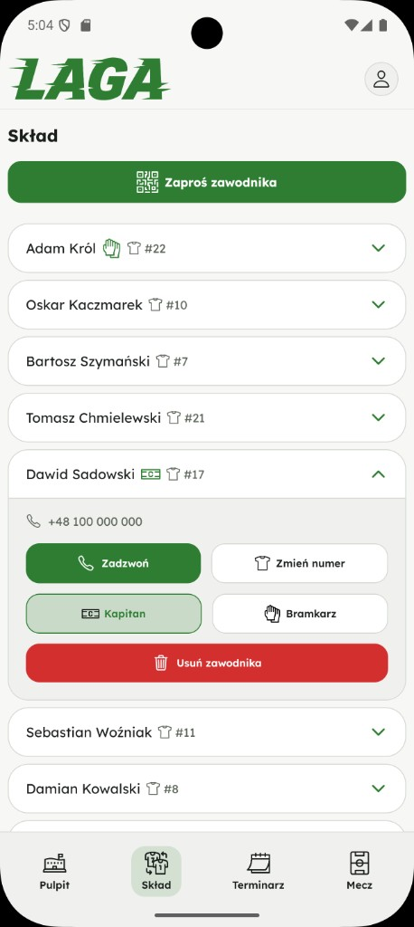 Szczegóły zawodnika w składzie drużyny w aplikacji Laga