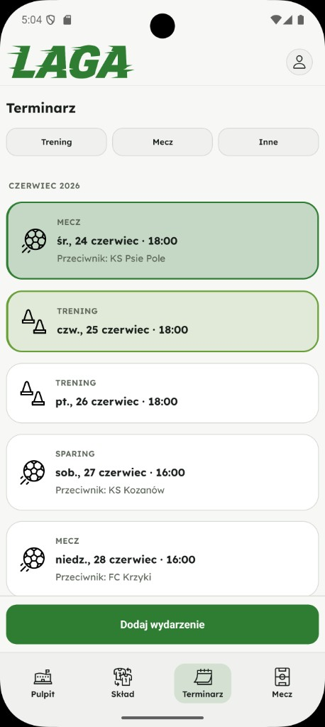 Terminarz meczów i treningów w aplikacji Laga