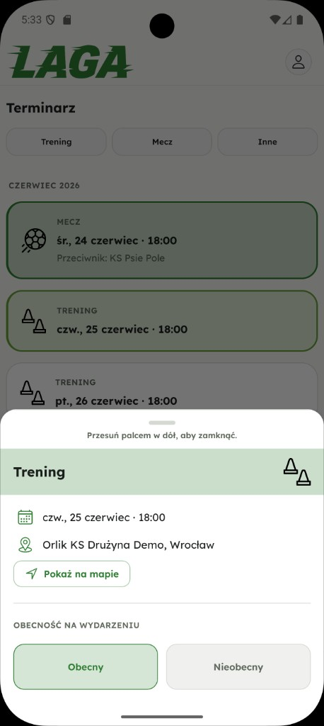 Szczegóły treningu i obecność w aplikacji Laga