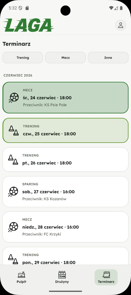 Terminarz drużyny w aplikacji Laga
