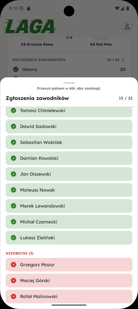 Zgłoszenia obecności zawodników w aplikacji Laga